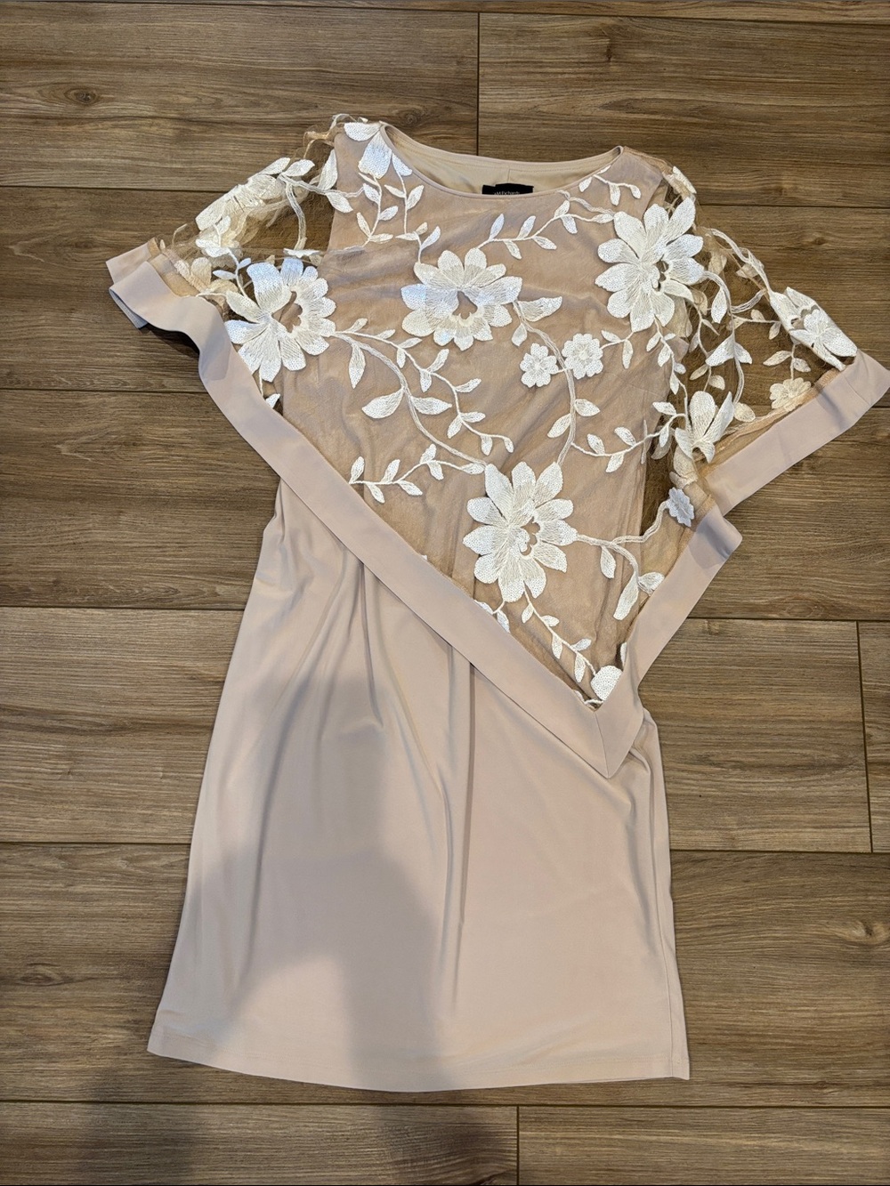 R&M Richards Taupe Asymmetrical Floral Overlay Dress